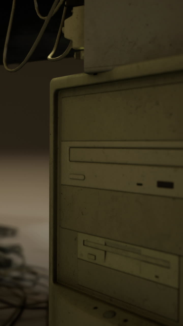Old computer tower sits in a dimly lit room with tangled wires around