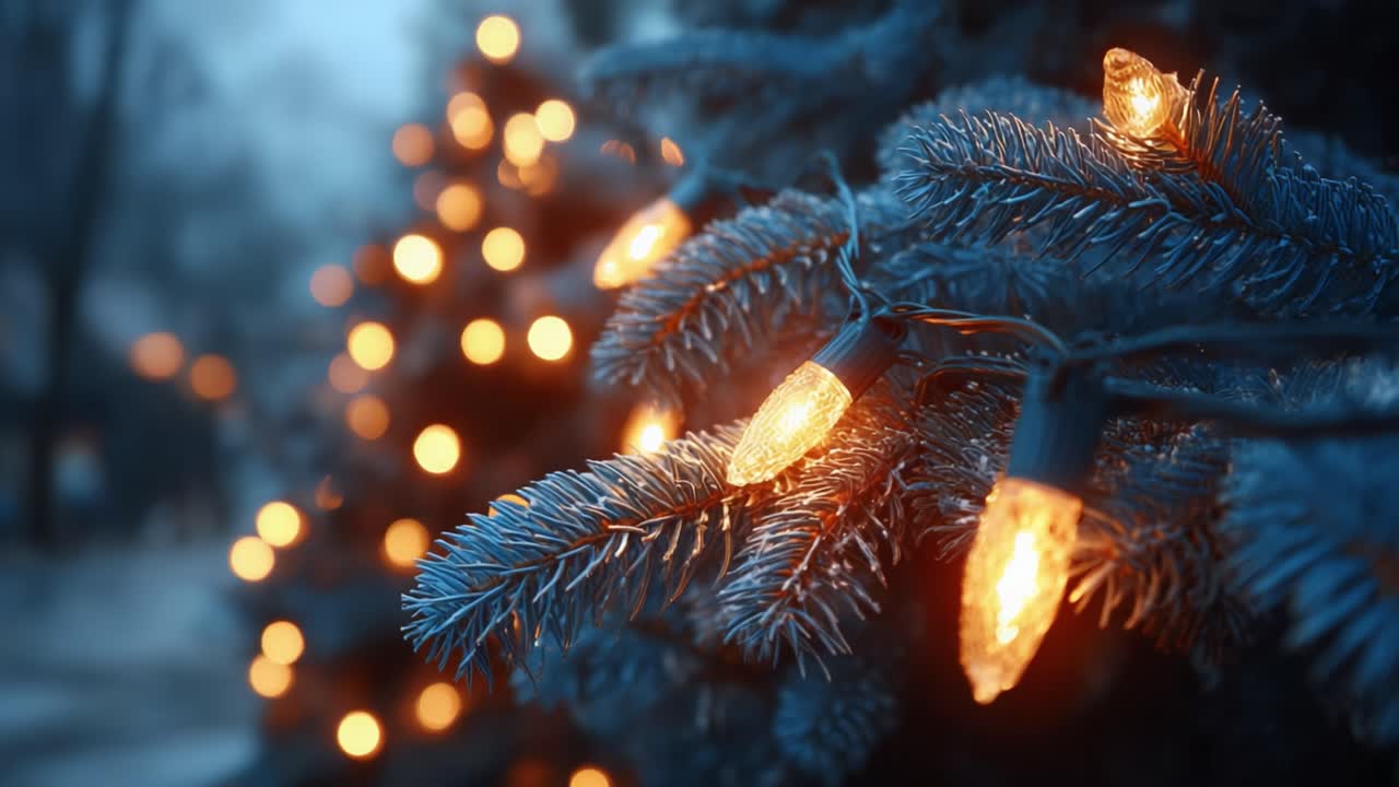 A Close-Up Look at Twinkling Christmas Lights Nestled Among Frosty Evergreen Branches, Creating a Magical Winter Wonderland Atmosphere Enveloped in Soft Blue Hues