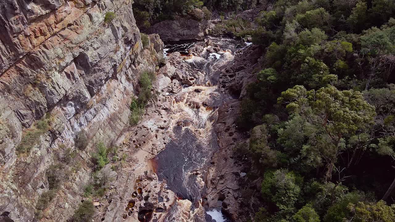drone aéreo moviéndose hacia atrás disparado sobre un río que pasa por el cañón de levon rodeado de denso bosque en tasmania, australia en un día soleado