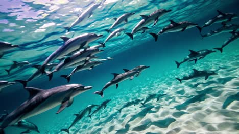 many dolphins are swimming gracefully through the clear turquoise water, their sleek bodies glistening in the sunlight as they move together in a playful manner