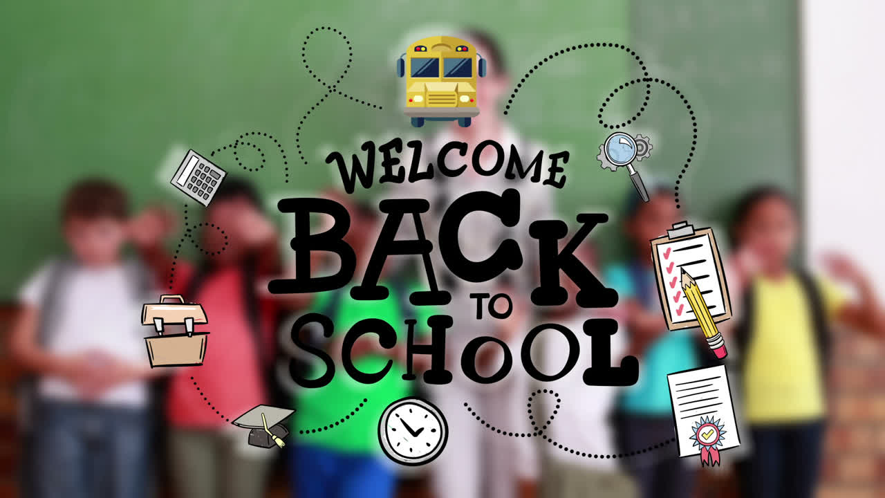 교사와 아이들과 함께 아이콘으로 둘러싸인 학교로 돌아가는 메시지