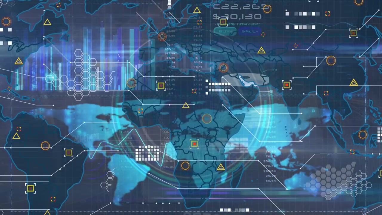 Digital animation of world map over digital interface with data processing against blue background