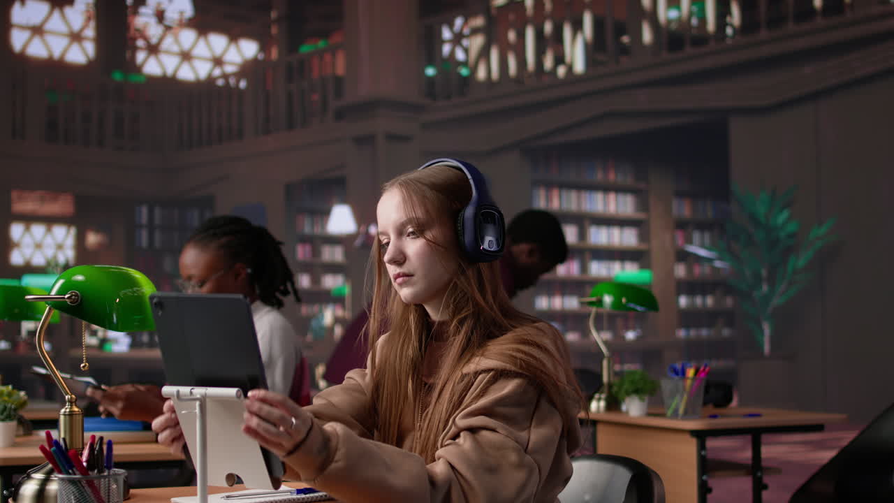 Vertical video young girl listening to educational documentary on laptop and taking notes