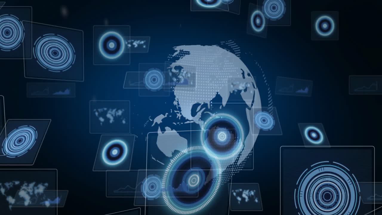 Composition of data processing and scopes scanning on screens over globe