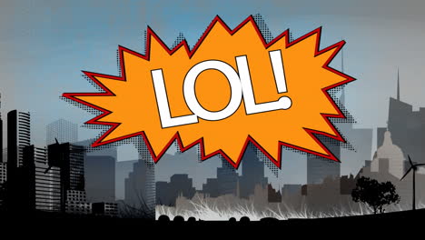 la palabra lol aparece en la burbuja de discurso retro y cómico con el dibujo del paisaje urbano en el fondo