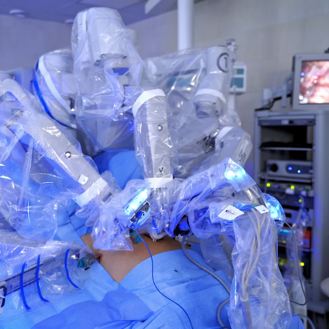 Surgical robot conduct a surgery. Medical machine with robotic arms doing a microsurgery to a patient. Minimally invasive surgery. Surgical process on the screen of a computer.