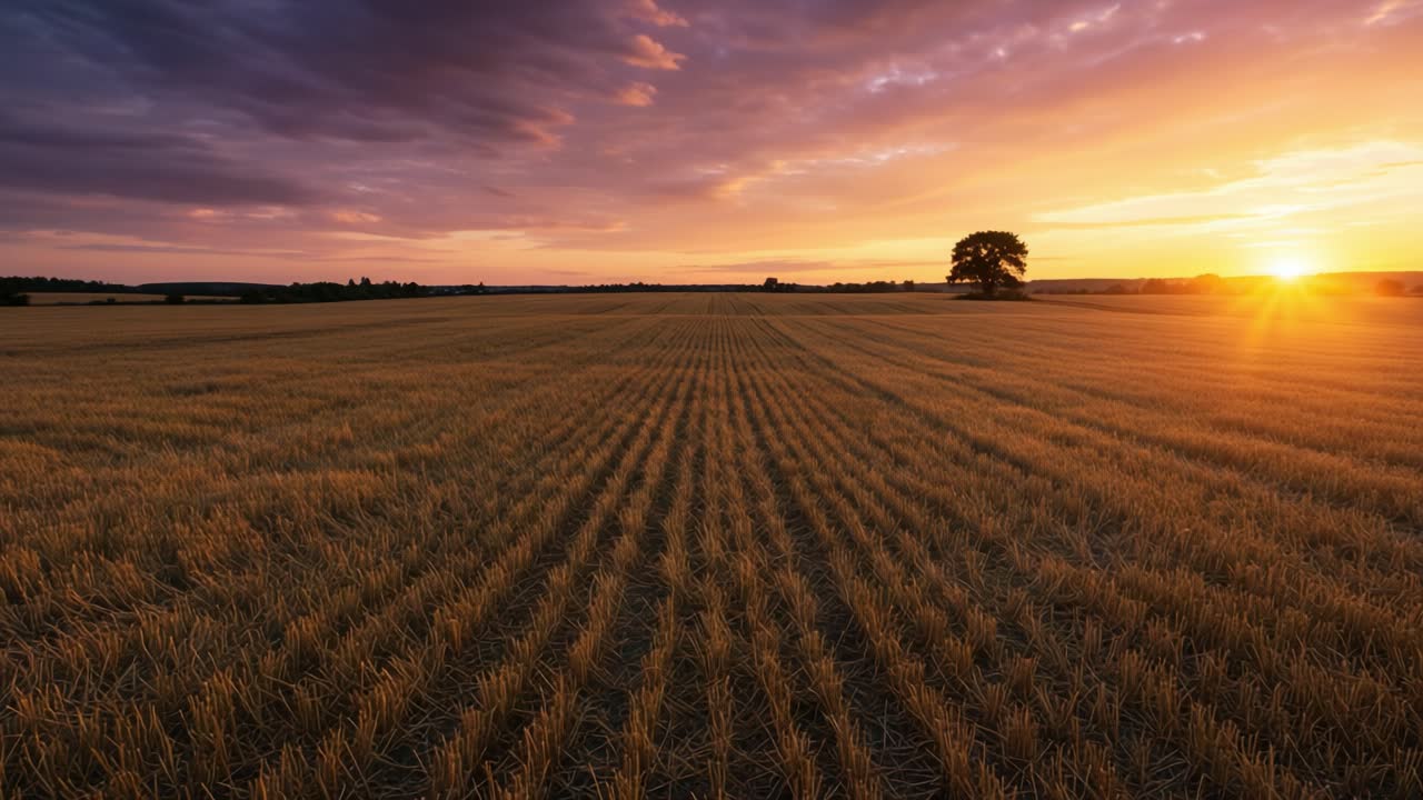 A Beautiful Transition from Day to Night: Captivating Landscape of Fields Under Stunning Colorful Sky at Sunset with Rolling Hills in the Background