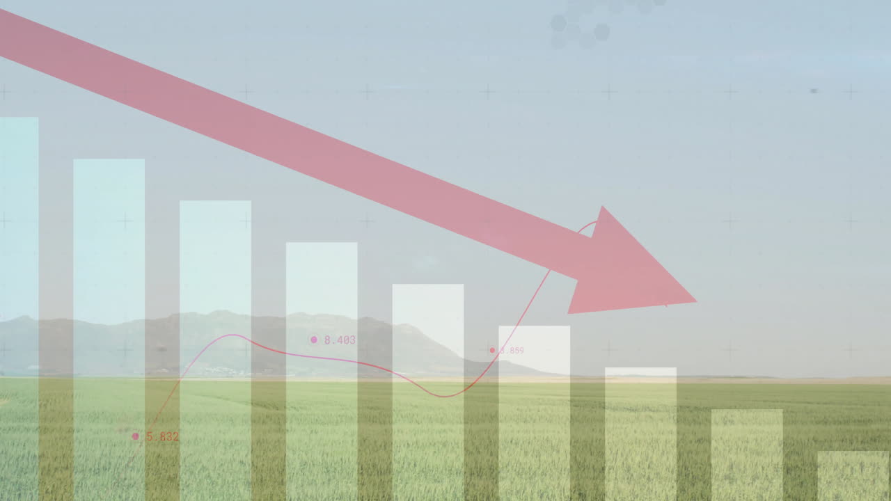Animation of red arrow on declining graph over green field and mountains