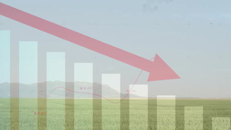 animation of red arrow on declining graph over green field and mountains