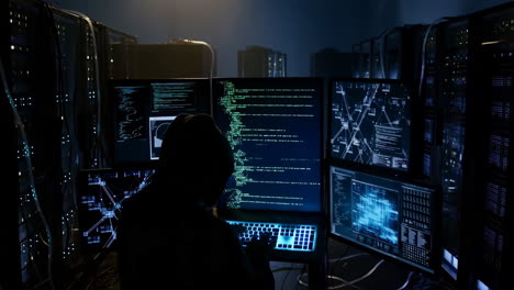 hacker working in a dark server room with multiple monitors displaying code and data