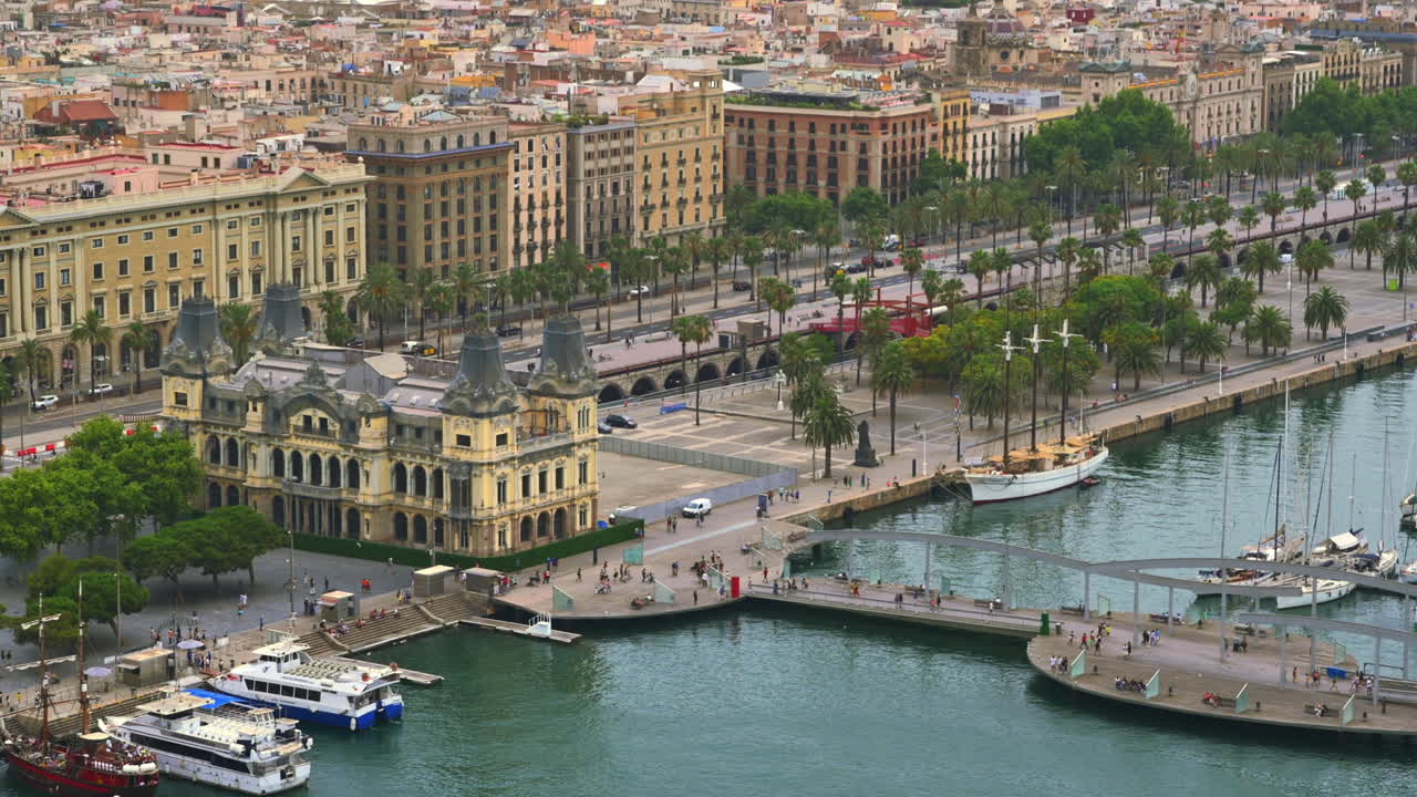 Aerial drone view of the Junta d'Obres del Port building in Barcelona, Spain