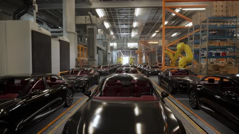 automobile factory interior. black colored car body on a car assembly line. industrial plant, automobile factory, car production factory facility