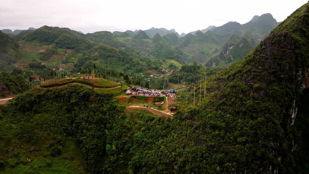 Viewpoint of scenic karst terrain in Northern Vietnam, Ha Giang Loop. Aerial