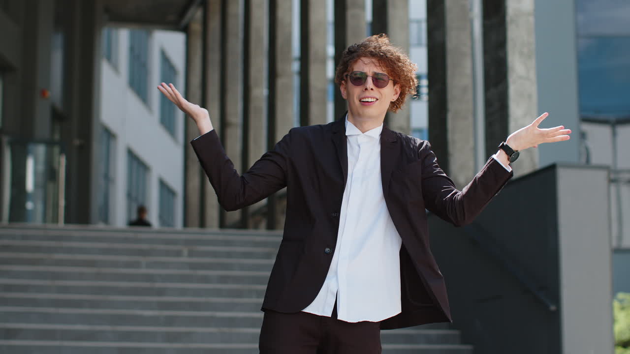 Confused business man feeling embarrassed about ambiguous question having doubts no answer idea