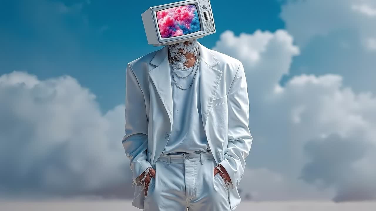 A man in a white suit with a television on his head