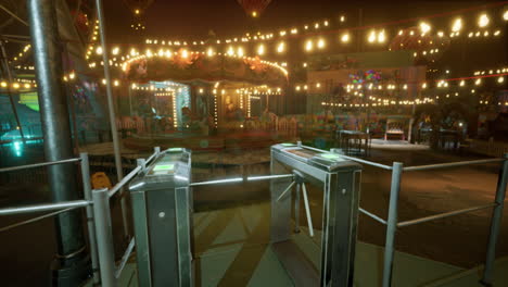 empty amusement park at night with bright lights and deserted attractions