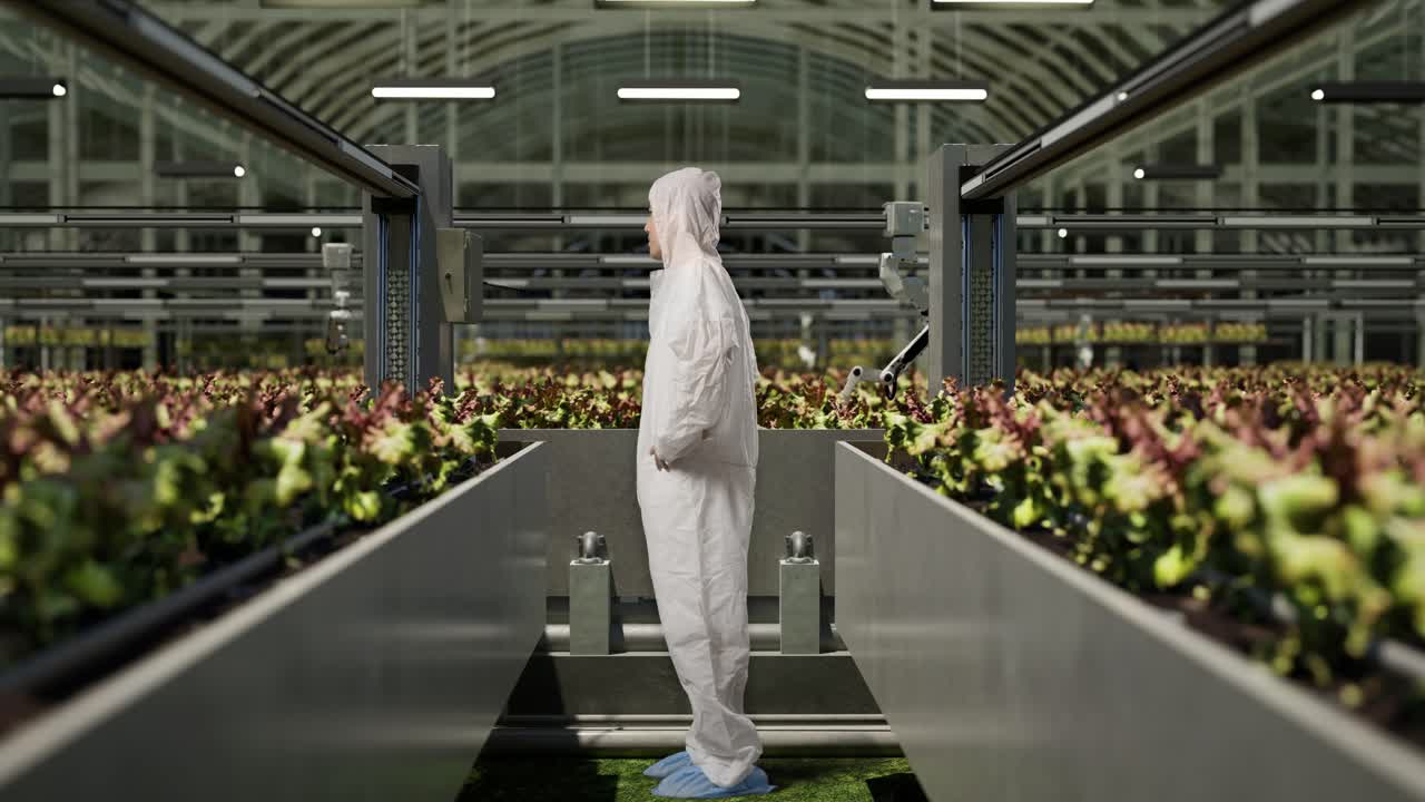 vista lateral completa del cuerpo de un hombre asiático satisfecho investigador con brazos akimbo mirando a su alrededor y sacudiendo la cabeza mientras estaba de pie en el invernadero con agricultores robóticos inteligentes