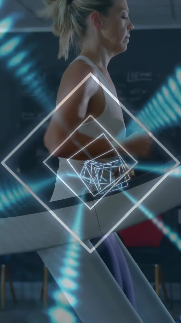 Vertical video: Fit female running treadmill fitness motion-led neon squares pulsing across torso