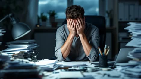 stressed and overwhelmed man at a messy office desk late at night