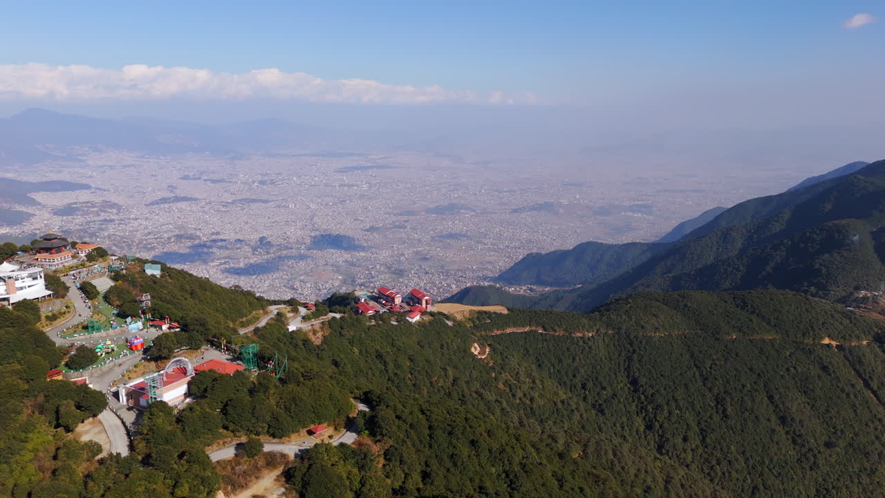 Panoramic drone shot overlooking the city of Kathmandu from Chandragiri, Nepal