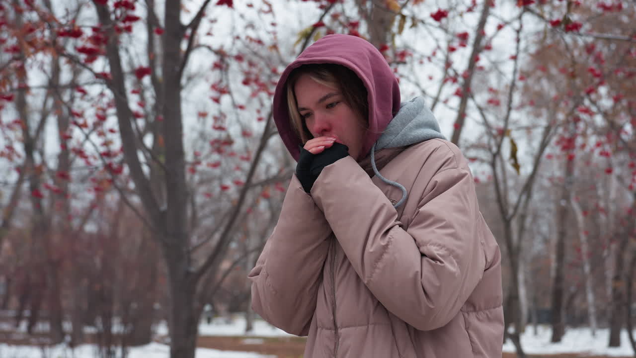 겨울 옷을 입은 평온한 여자가 눈 인 공원을 혼자 걸어다니며, 손을 입에 가까이 들고 따뜻함을 얻고, 벌거벗은 나무, 어진 눈.