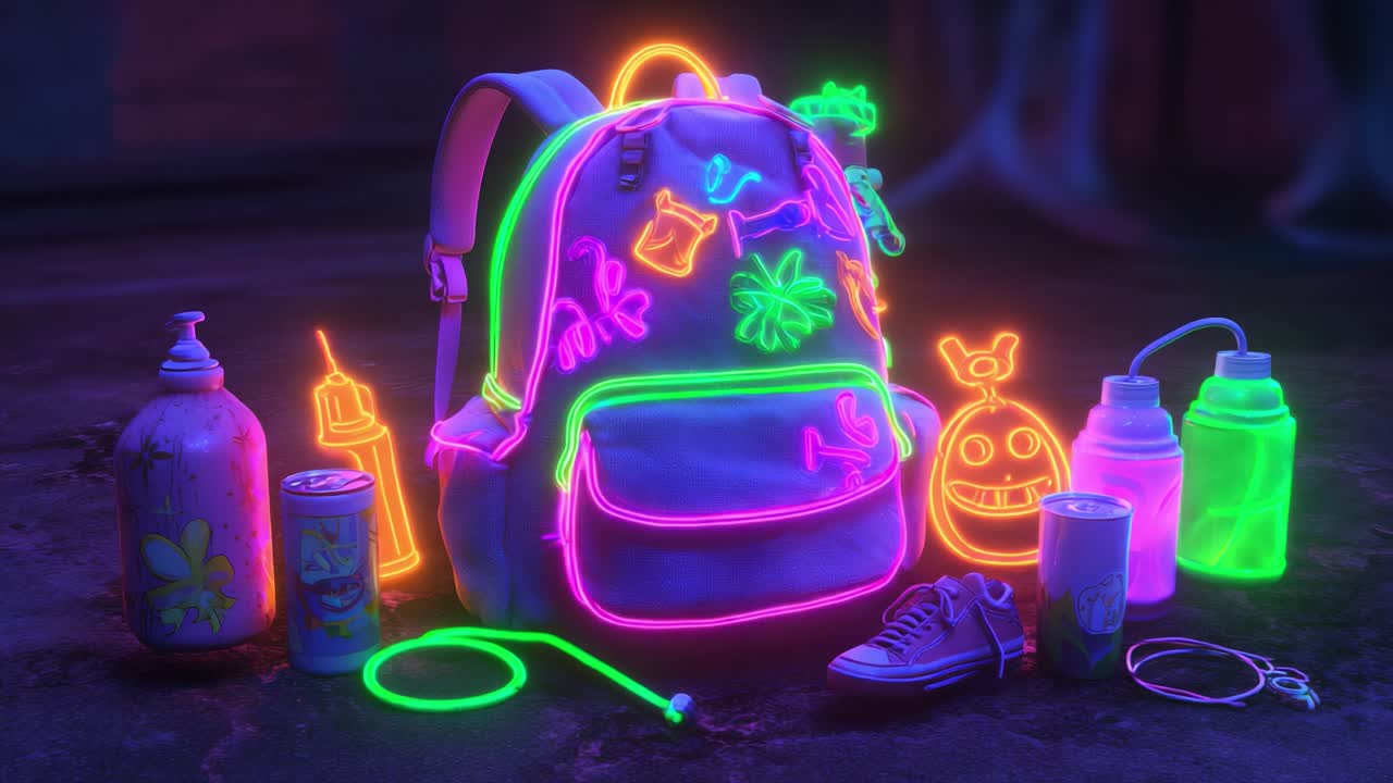 A Vibrant Neon-Illuminated Backpack Surrounded by Colorful Art Supplies and Creative Essentials Creating a Playful and Artistic Atmosphere in a Dark Environment