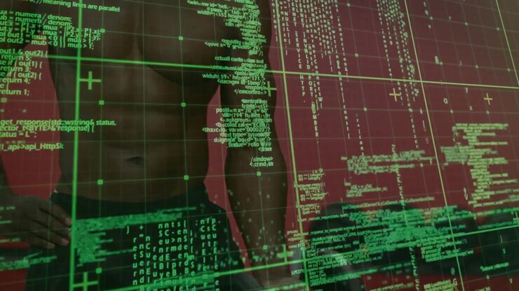 Man against red backdrop starting tech grid code scanning lifting arm logging nodes fading