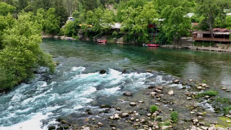 turquoise river with rapids and river activities