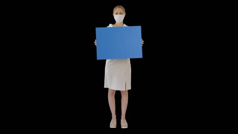 businesswoman in medical mask holding blank board sign,