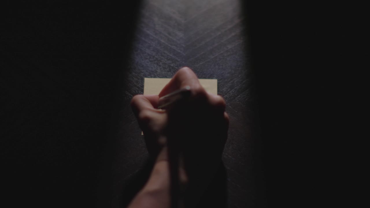 Slow motion close up footage of a hand writing out "June" on a paper note and placing it on a table. Shot in dramatic lighting for an impressive title or transition