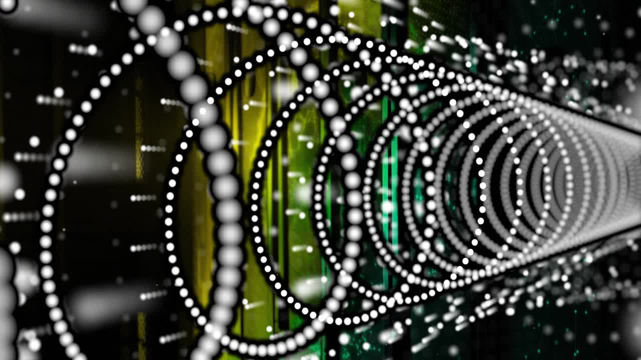 Close-up dotted ring appearing initiating rings drifting past yellow green panels forming tunnel