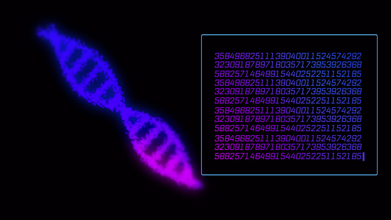 animación del procesamiento de datos con cadena de adn sobre fondo negro