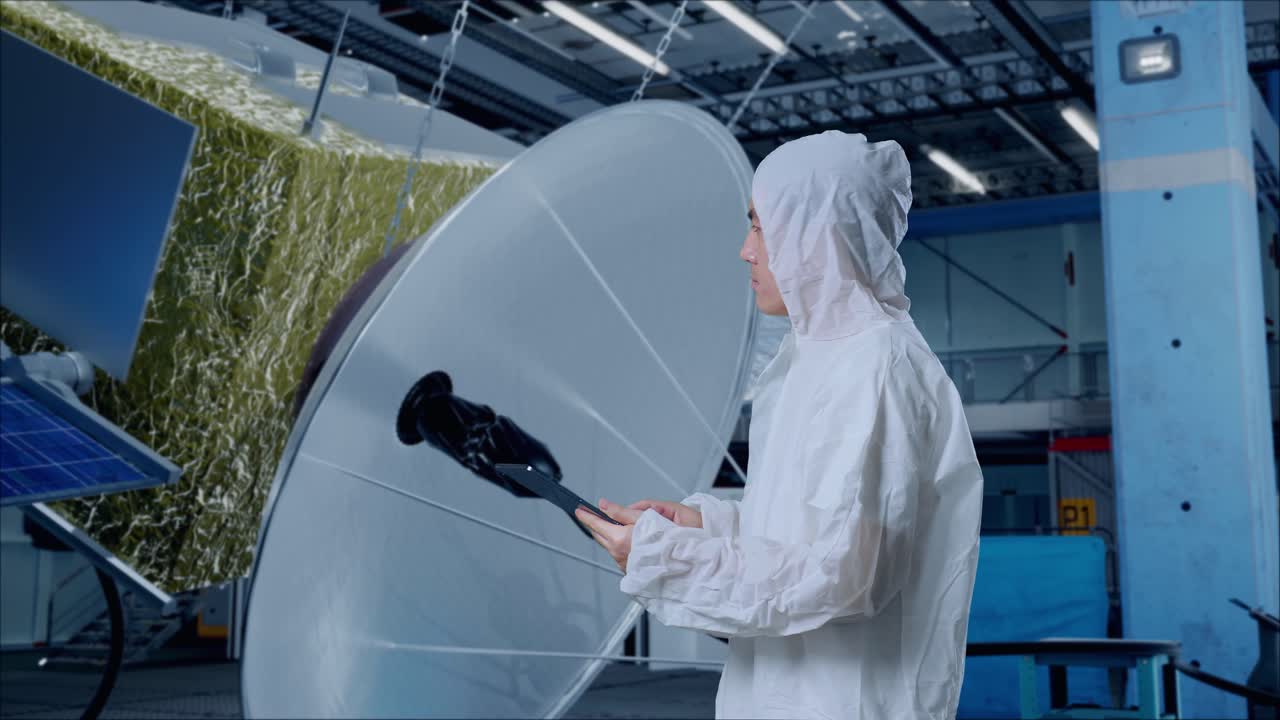 Side View Of Asian Male Scientist Using A Tablet And Looking Around While Standing With Spacecraft Construction