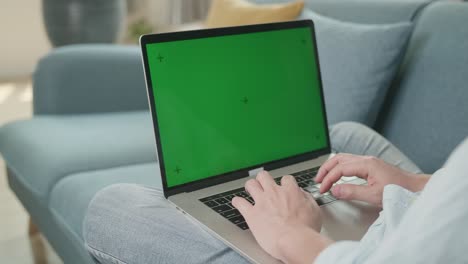 man hands typing on laptop with green screen mock up display at home living room, video in 4k