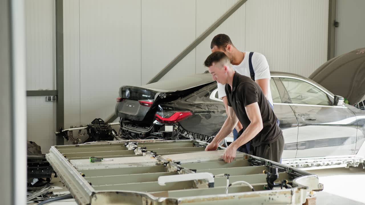 Car Repair Technicians Working on Electric Vehicle Battery