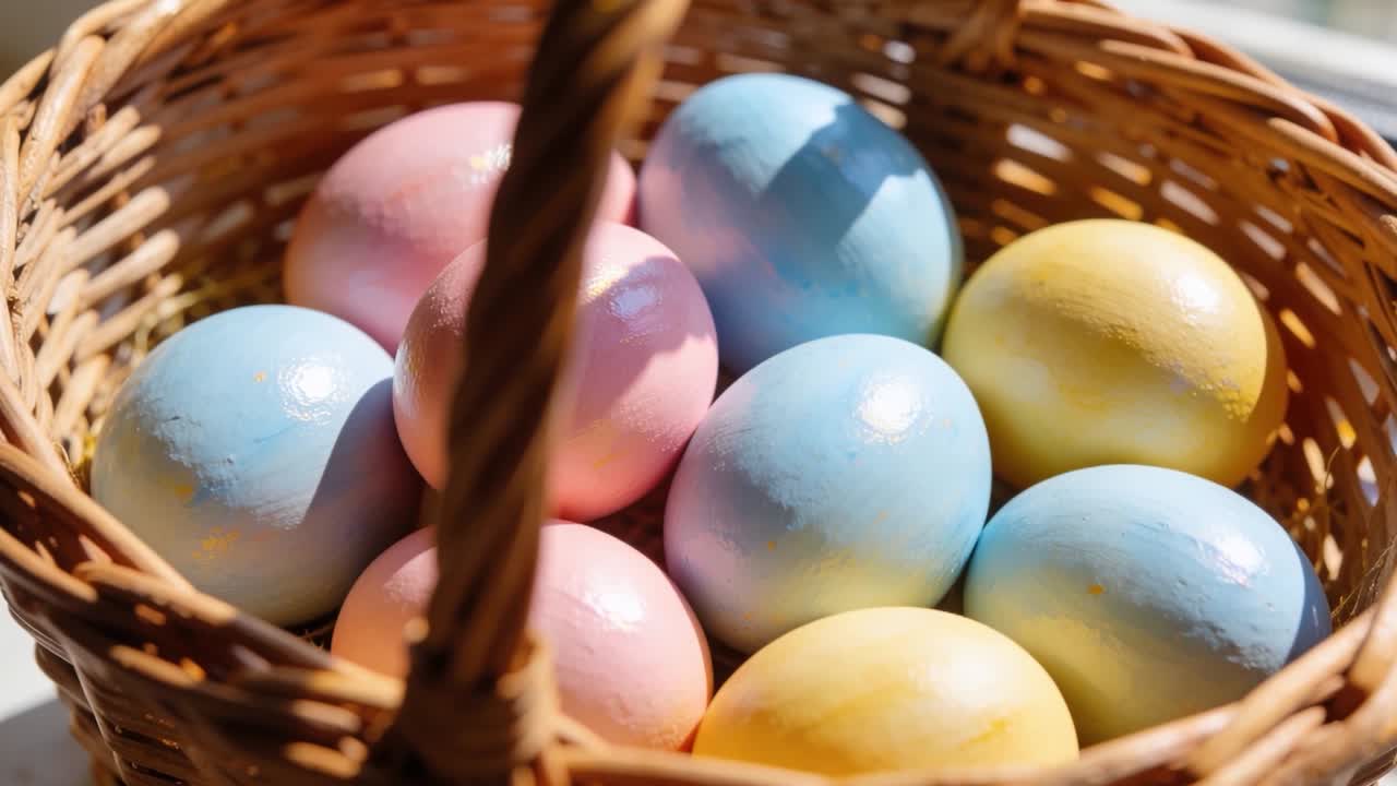 Camera pushing in, sunlight boosting highlights on wicker basket showing pastel eggs for home decor