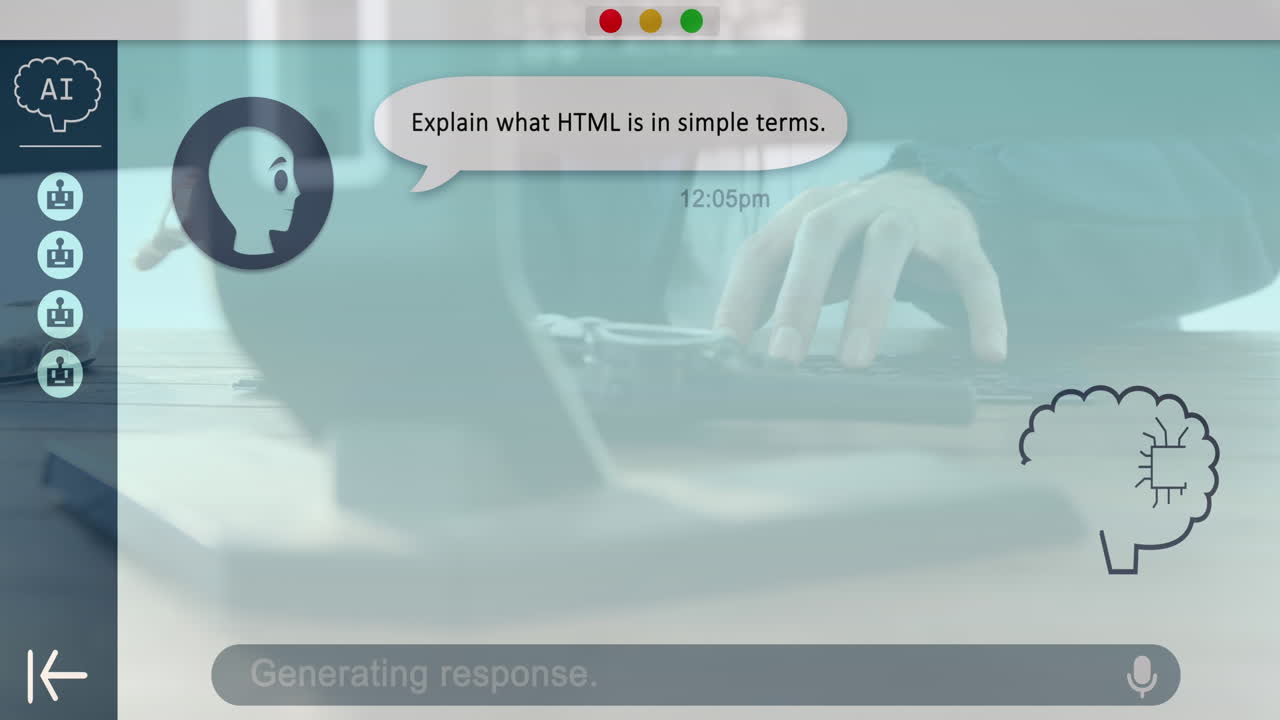 Animation of online ai chat processing over caucasian man using laptop