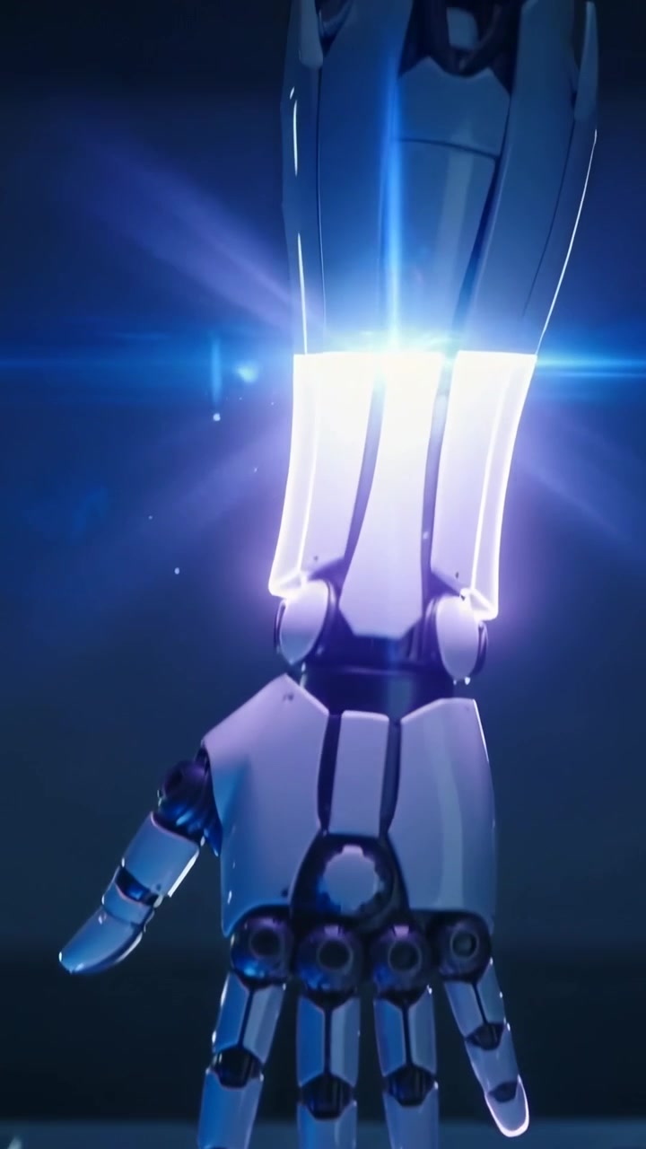 Vertical video: Descending robotic hand touching pedestal in dark studio, activating inner gears