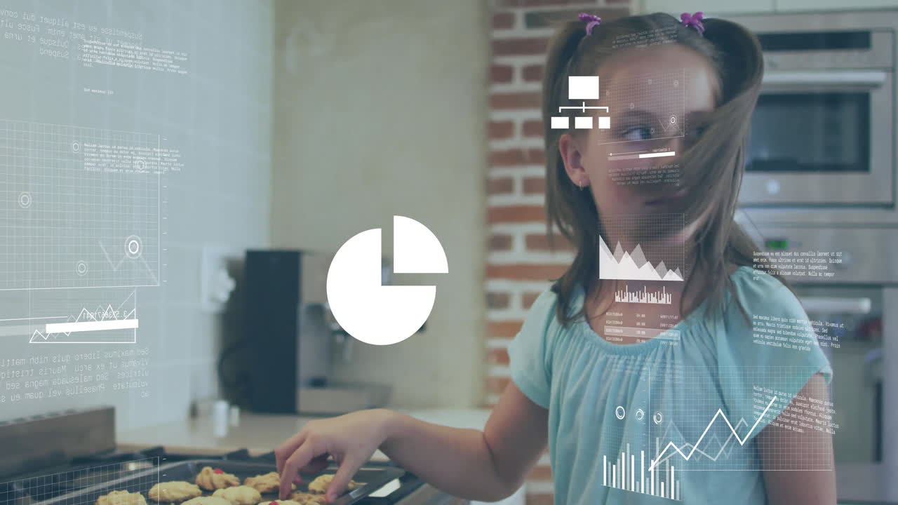 In school, child baking cookies with animation of data processing graphics overlay