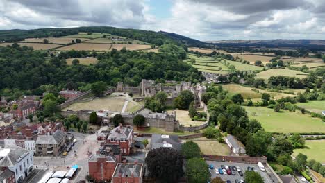 ludlow shropshire england historic town centre pull back drone aerial reverse reveal