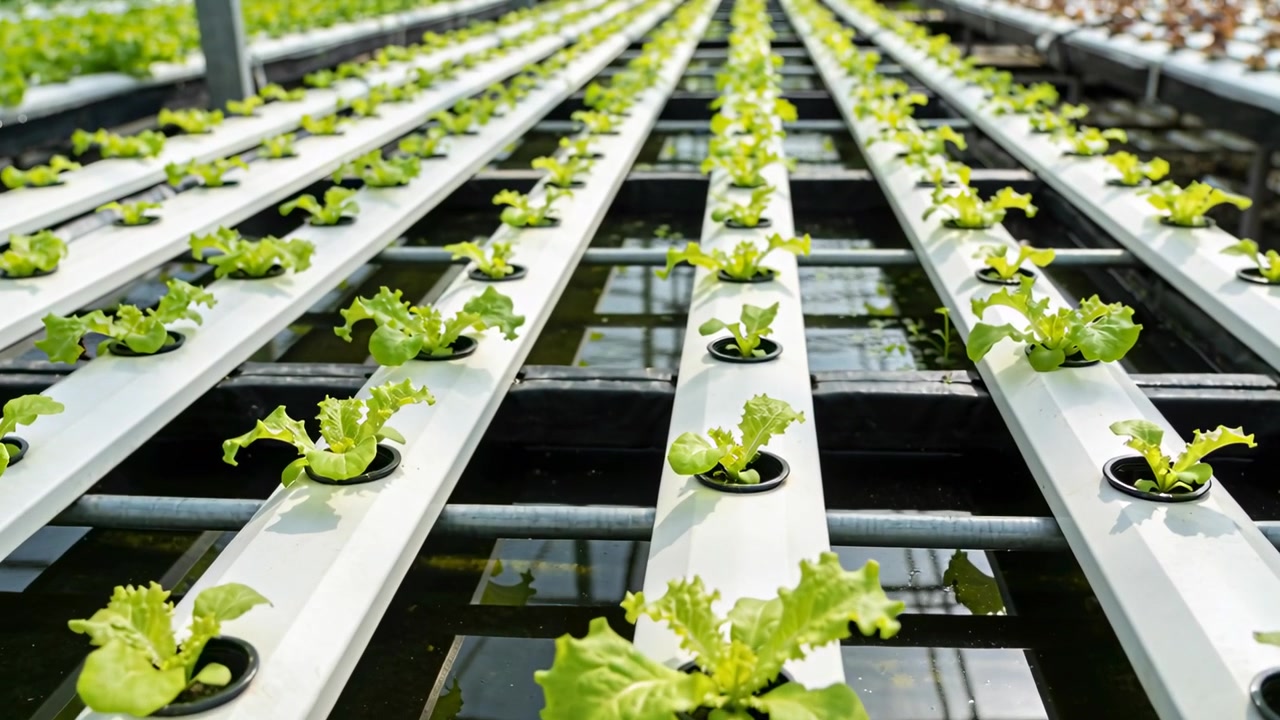 Panning low camera moving forward and upward along greenhouse rows, revealing PVC channels, lettuce