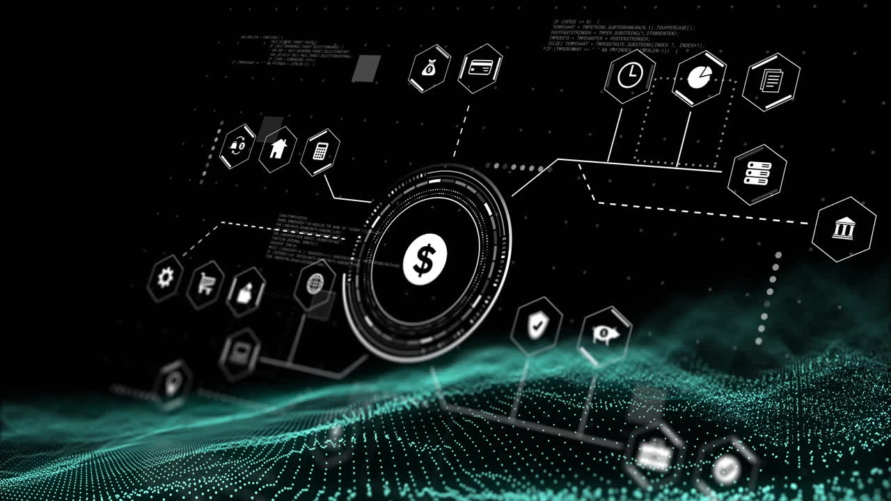 Animation of network of connections with icons and data processing over spots on black background