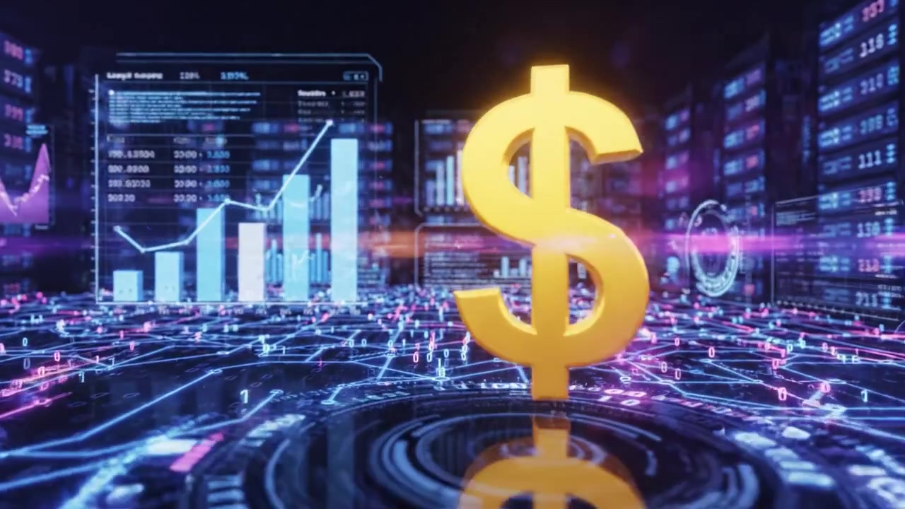 A Digital Landscape of Currency and Analytics: Exploring the Fusion of Finance and Technology Through Virtual Dollar Symbols Amidst a Futuristic Data Grid