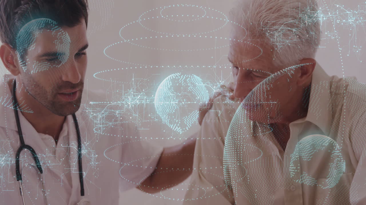 Medico che assiste un paziente anziano con globo digitale e animazione di sovrapposizione dati