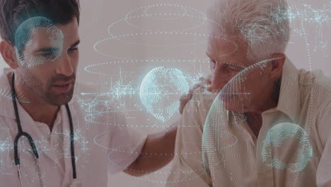 doctor assisting elderly patient with digital globe and data overlay animation