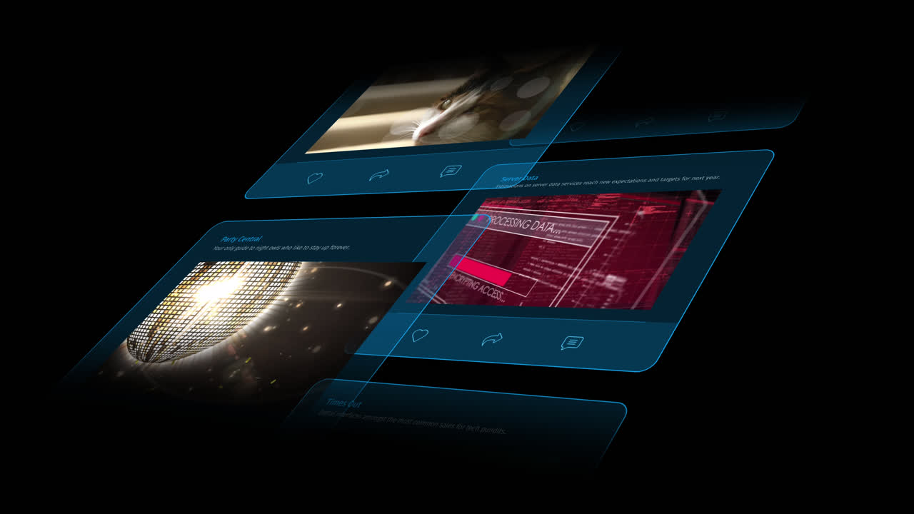 анимация интерфейса с сообщениями в социальных сетях на черном фоне