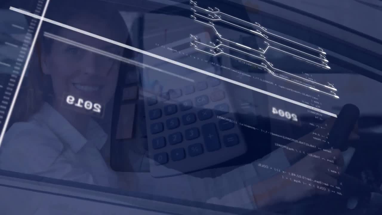 Animation of data processing over woman sitting in a car and calculator falling over documents