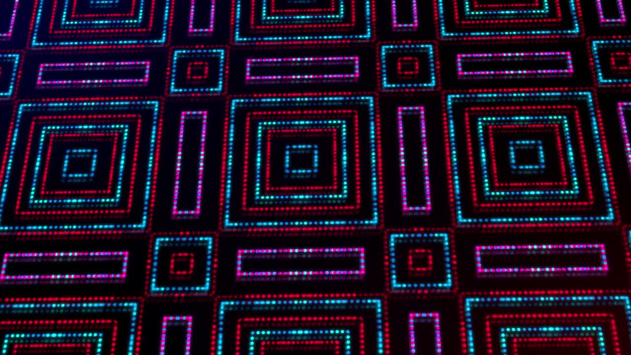 ilustración animada de luz brillante con puntos rosados, rojos y azules y estrellas de formas cuadradas.