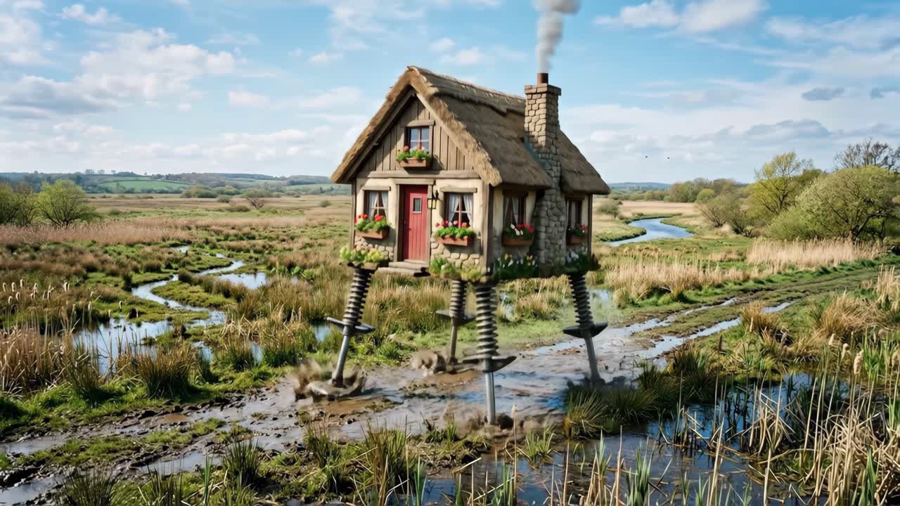 Chalet fantaisiste sur des pattes mécaniques traversant un marais boueux