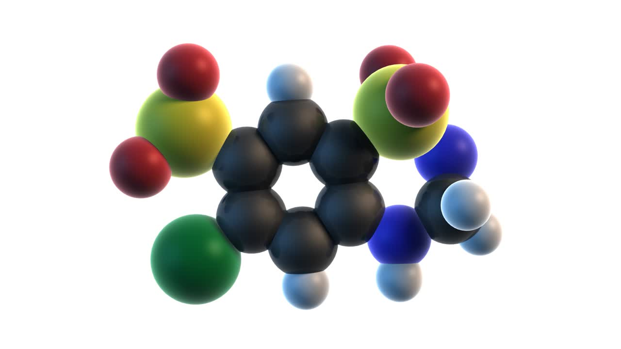 renderización 3d de la molécula de hidroclorotiazida, un medicamento diurético para la presión arterial alta.
